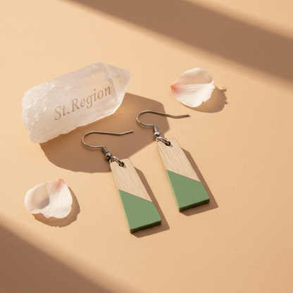 Green Resin & Wood Silvertone Patchwork Trapezoid? Hook Earrings