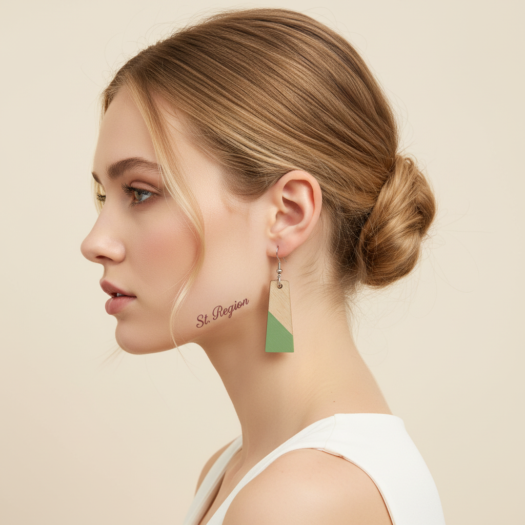 Green Resin & Wood Silvertone Patchwork Trapezoid? Hook Earrings