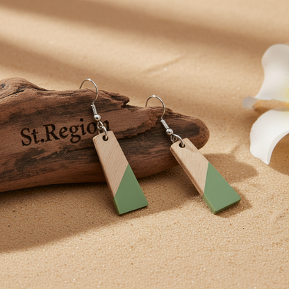 Green Resin & Wood Silvertone Patchwork Trapezoid? Hook Earrings