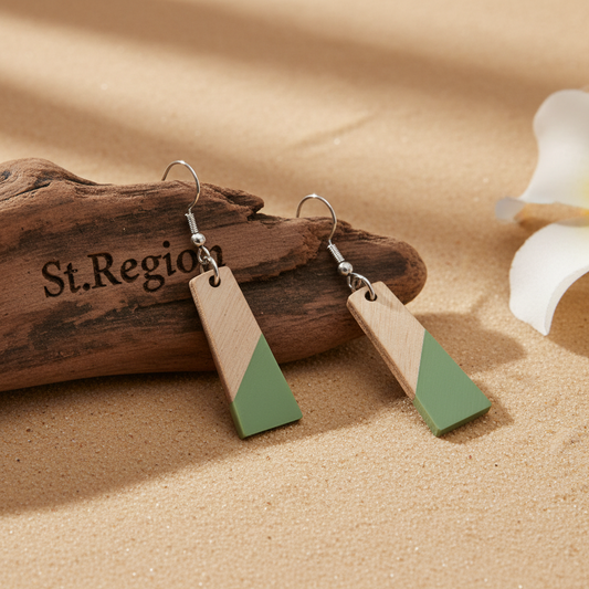 Green Resin & Wood Silvertone Patchwork Trapezoid? Hook Earrings