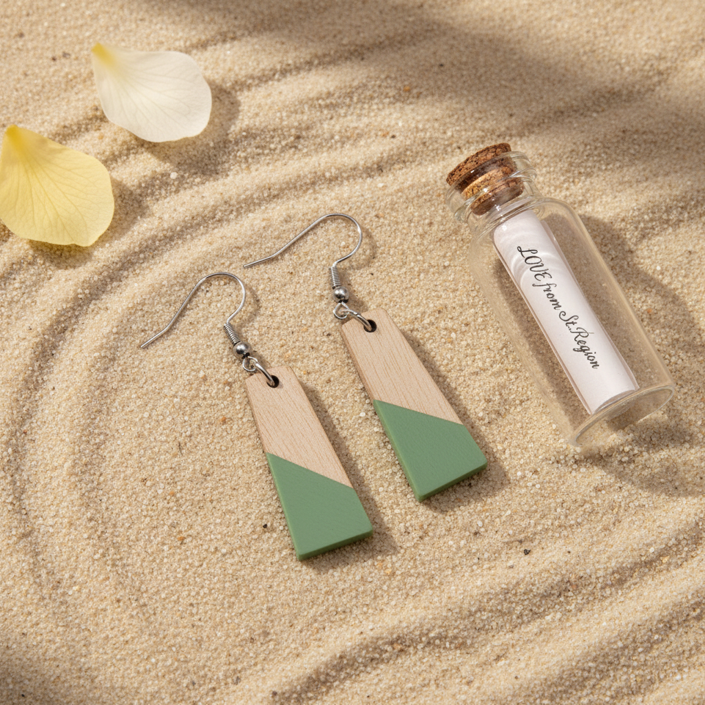 Green Resin & Wood Silvertone Patchwork Trapezoid? Hook Earrings