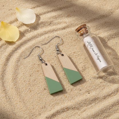 Green Resin & Wood Silvertone Patchwork Trapezoid? Hook Earrings
