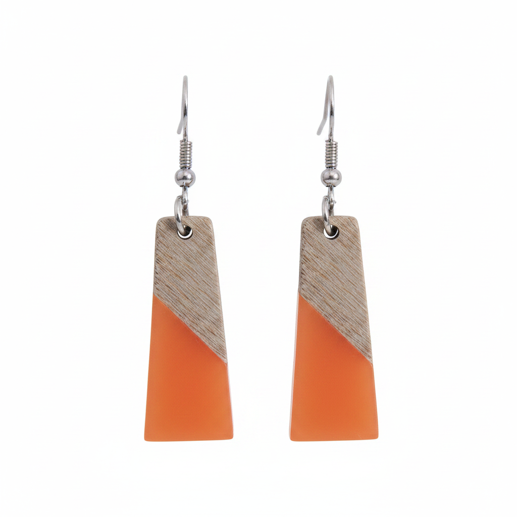 Orange Resin & Wood Silvertone Patchwork Trapezoid? Hook Earrings