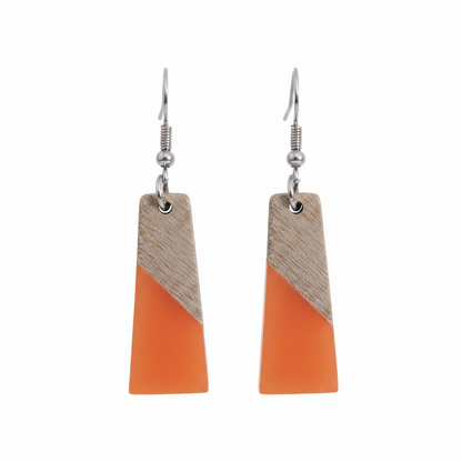 Orange Resin & Wood Silvertone Patchwork Trapezoid? Hook Earrings