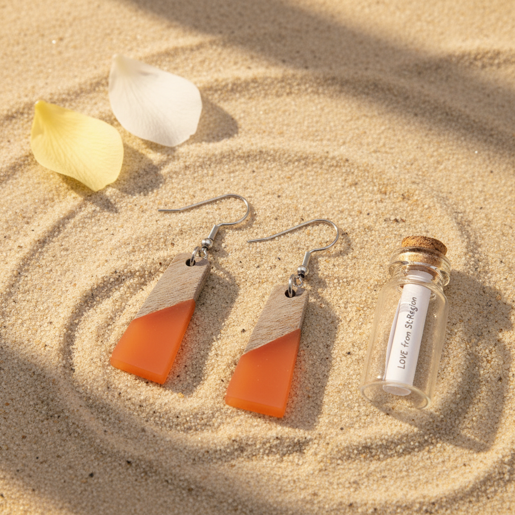 Orange Resin & Wood Silvertone Patchwork Trapezoid? Hook Earrings