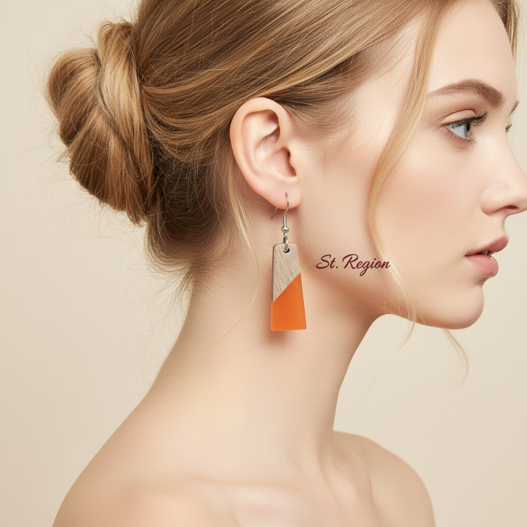 Orange Resin & Wood Silvertone Patchwork Trapezoid? Hook Earrings