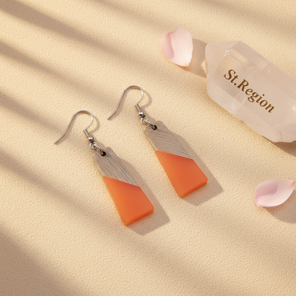 Orange Resin & Wood Silvertone Patchwork Trapezoid? Hook Earrings
