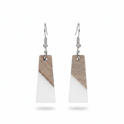 White Resin & Wood Silvertone Patchwork Trapezoid? Hook Earrings