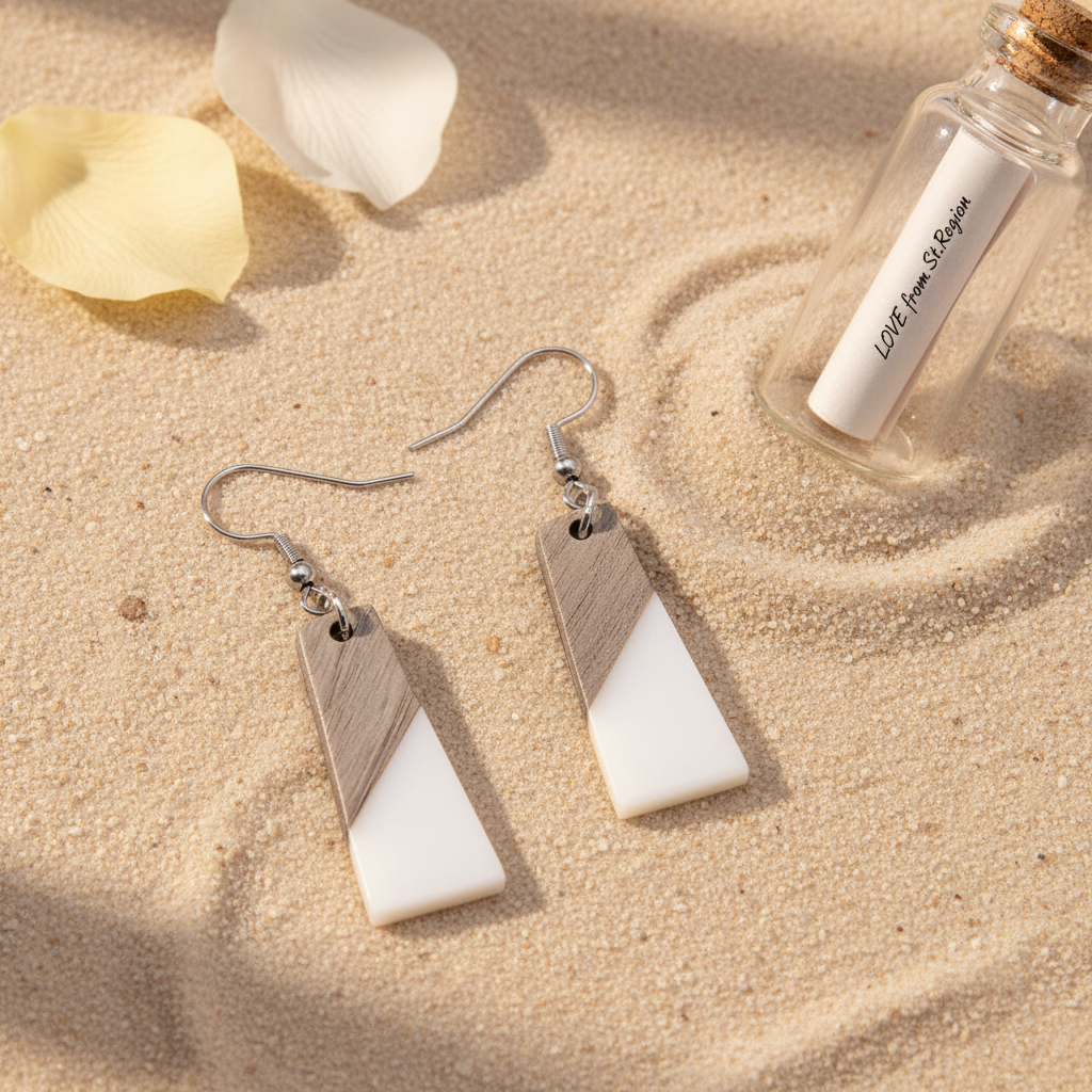 White Resin & Wood Silvertone Patchwork Trapezoid? Hook Earrings
