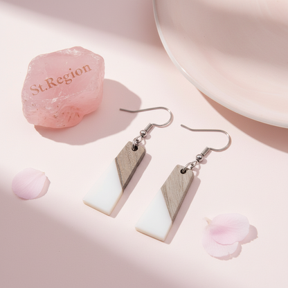 White Resin & Wood Silvertone Patchwork Trapezoid? Hook Earrings