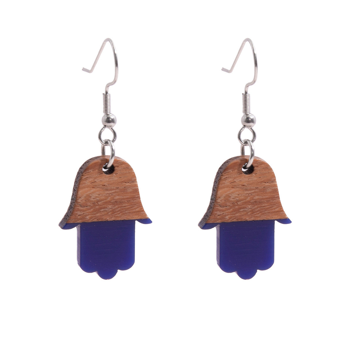 Blue Resin & Wood Silvertone Patchwork Hamsa Hook Earrings