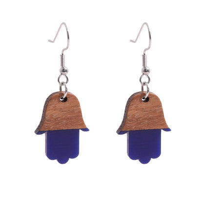 Blue Resin & Wood Silvertone Patchwork Hamsa Hook Earrings