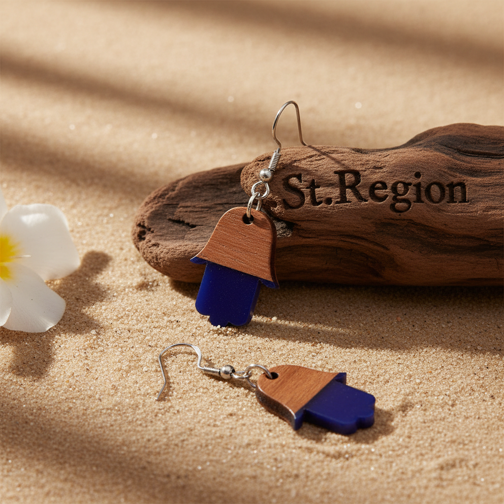 Blue Resin & Wood Silvertone Patchwork Hamsa Hook Earrings