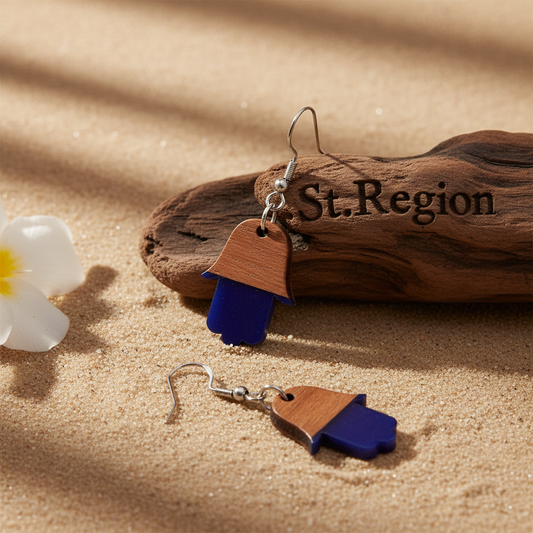 Blue Resin & Wood Silvertone Patchwork Hamsa Hook Earrings