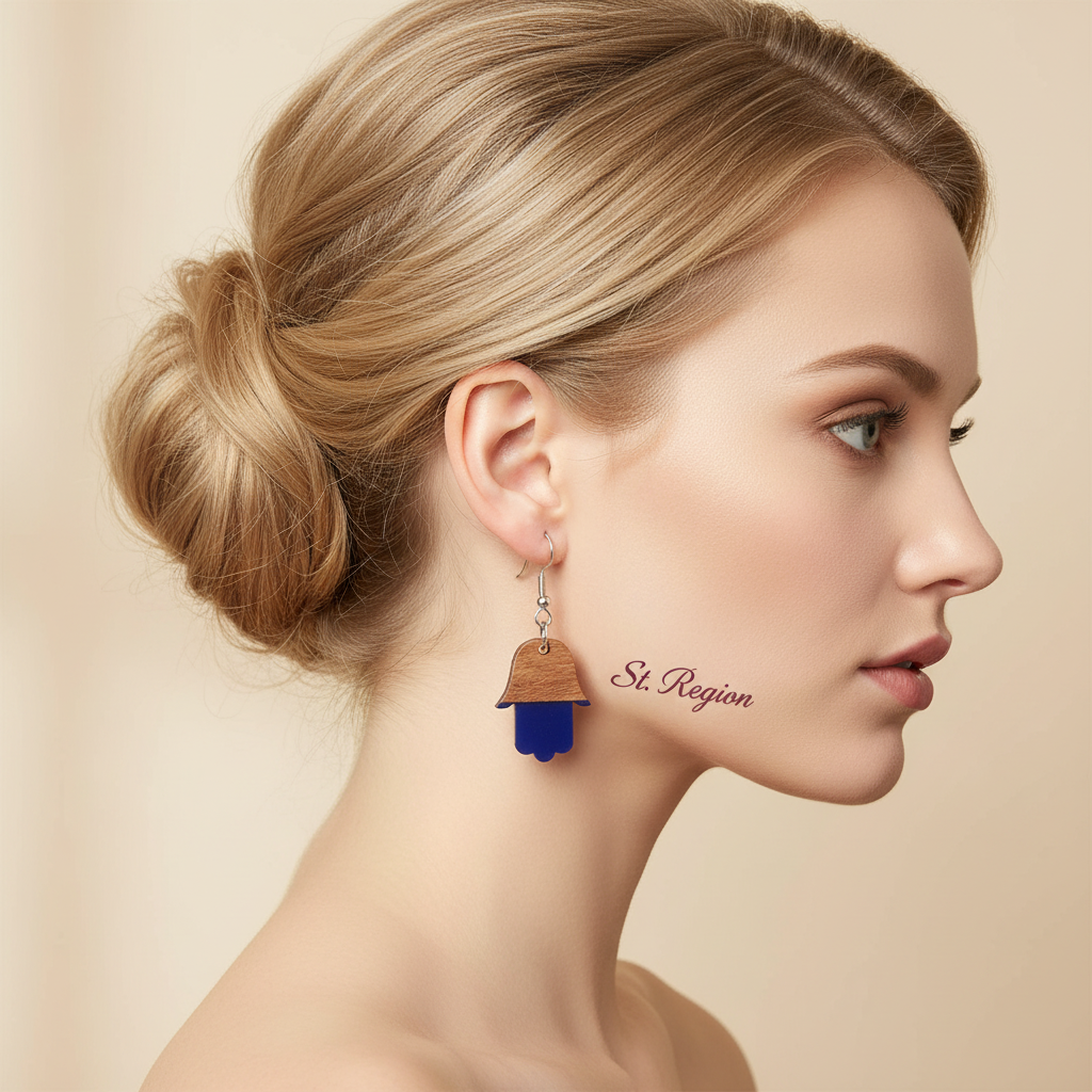 Blue Resin & Wood Silvertone Patchwork Hamsa Hook Earrings