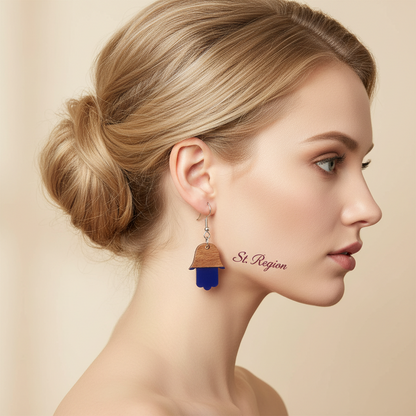 Blue Resin & Wood Silvertone Patchwork Hamsa Hook Earrings