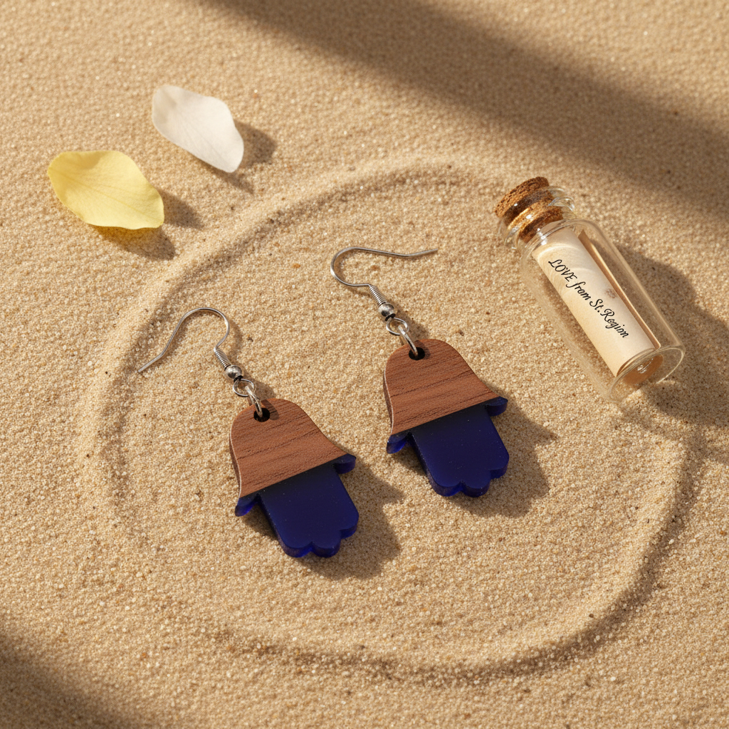 Blue Resin & Wood Silvertone Patchwork Hamsa Hook Earrings