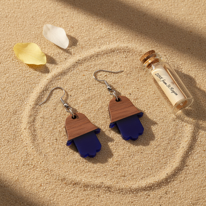 Blue Resin & Wood Silvertone Patchwork Hamsa Hook Earrings