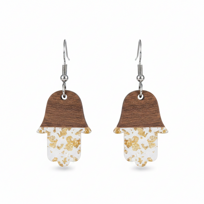 Clear Resin & Wood Silvertone Patchwork Hamsa Hook Earrings