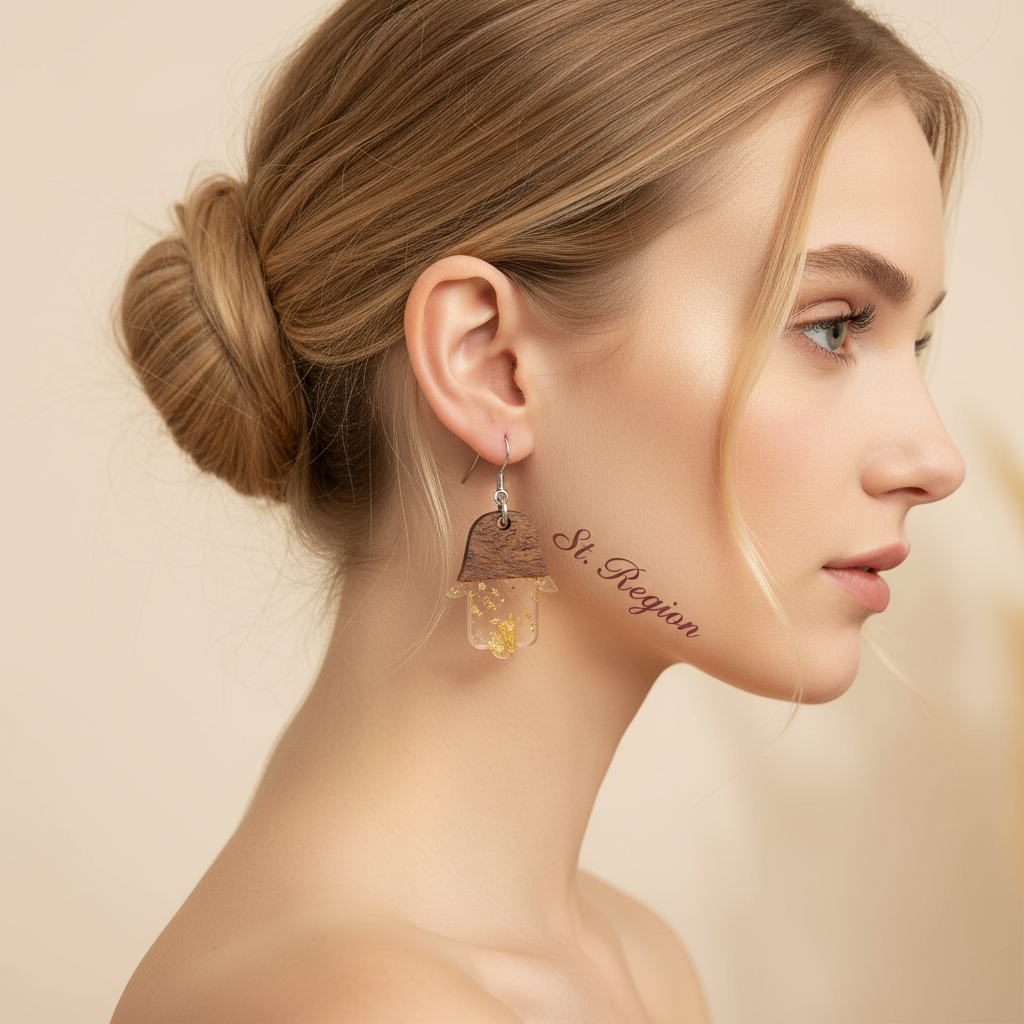 Clear Resin & Wood Silvertone Patchwork Hamsa Hook Earrings