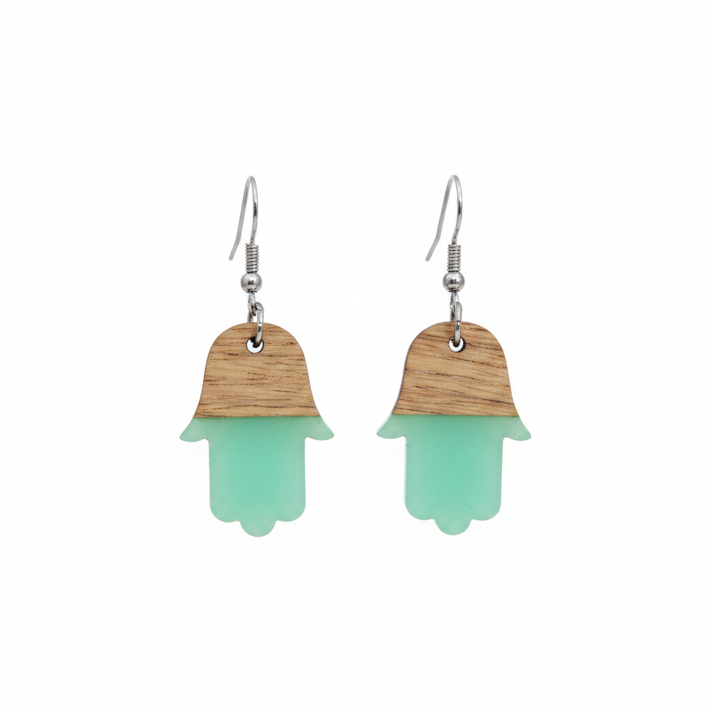 Green Resin & Wood Silvertone Patchwork Hamsa Hook Earrings
