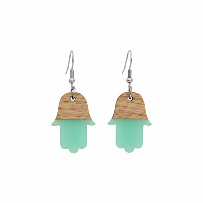 Green Resin & Wood Silvertone Patchwork Hamsa Hook Earrings