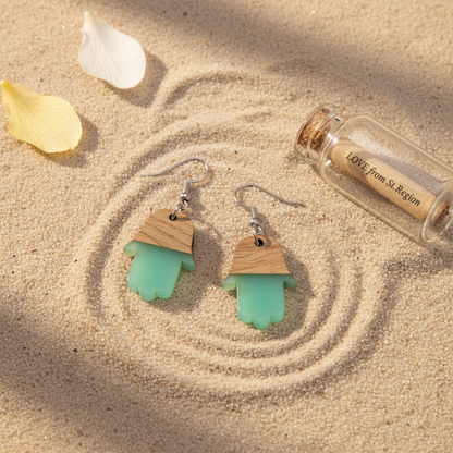Green Resin & Wood Silvertone Patchwork Hamsa Hook Earrings