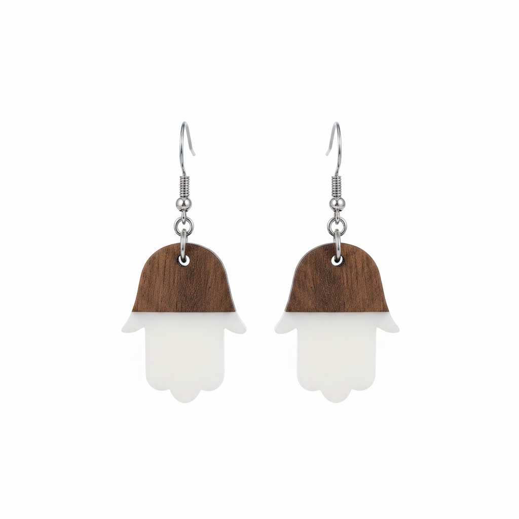 White Resin & Wood Silvertone Patchwork Hamsa Hook Earrings