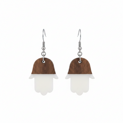 White Resin & Wood Silvertone Patchwork Hamsa Hook Earrings