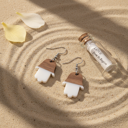 White Resin & Wood Silvertone Patchwork Hamsa Hook Earrings