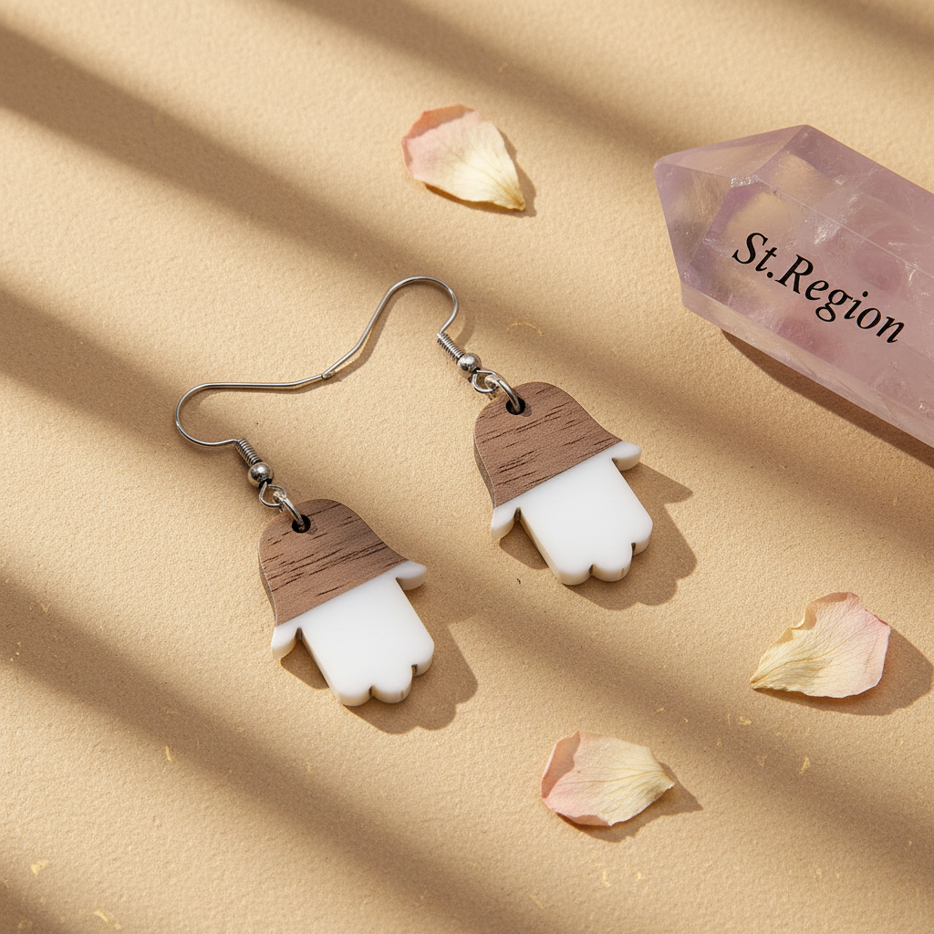 White Resin & Wood Silvertone Patchwork Hamsa Hook Earrings