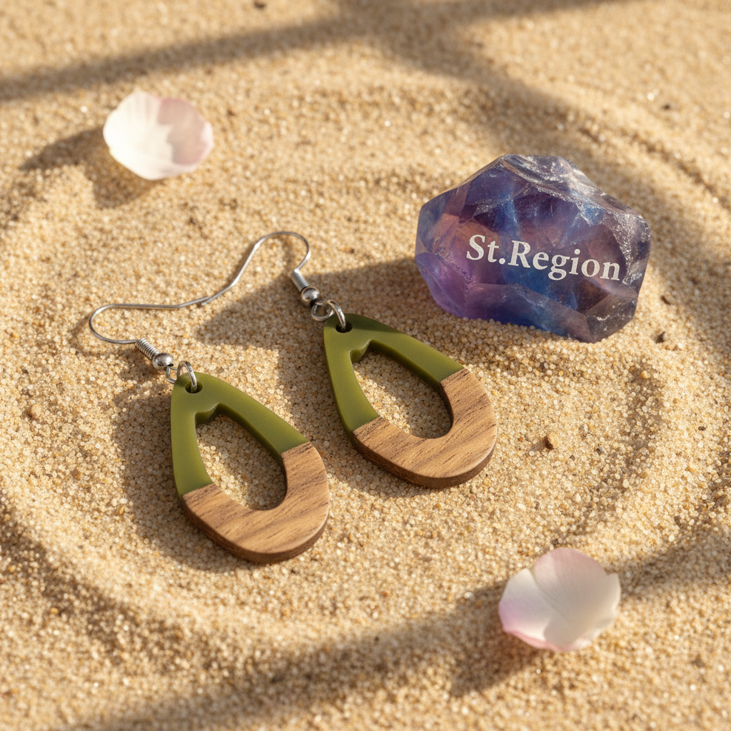 Green Resin & Wood Silvertone Open Irregular Oval Hook Earrings