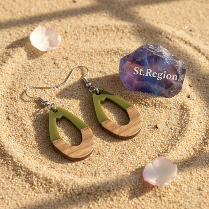 Green Resin & Wood Silvertone Open Irregular Oval Hook Earrings