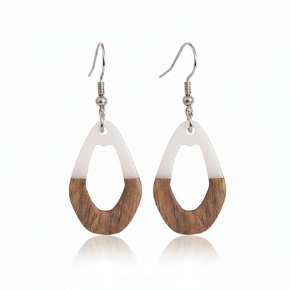 White Resin & Wood Silvertone Open Irregular Oval Hook Earrings