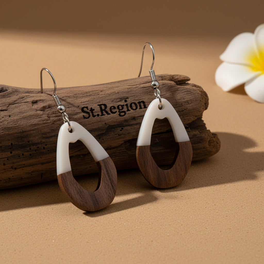 White Resin & Wood Silvertone Open Irregular Oval Hook Earrings