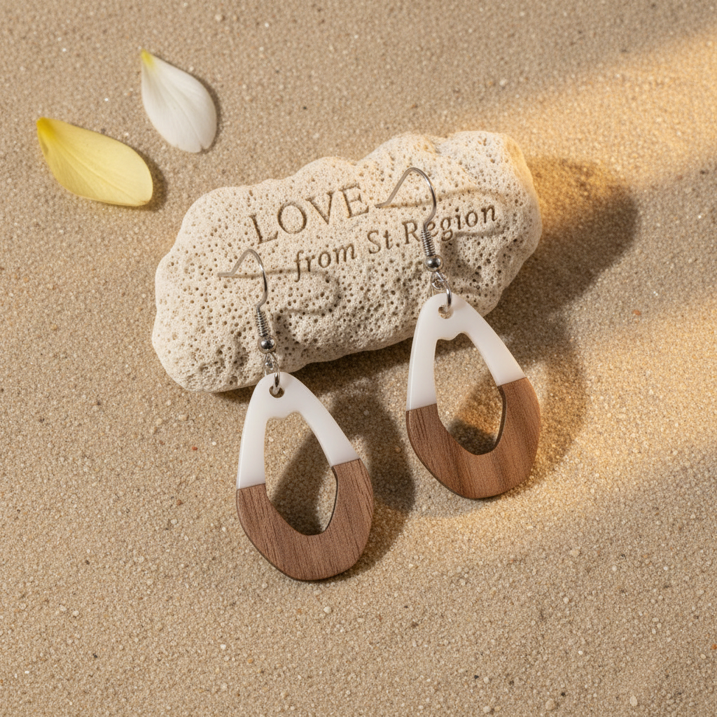 White Resin & Wood Silvertone Open Irregular Oval Hook Earrings