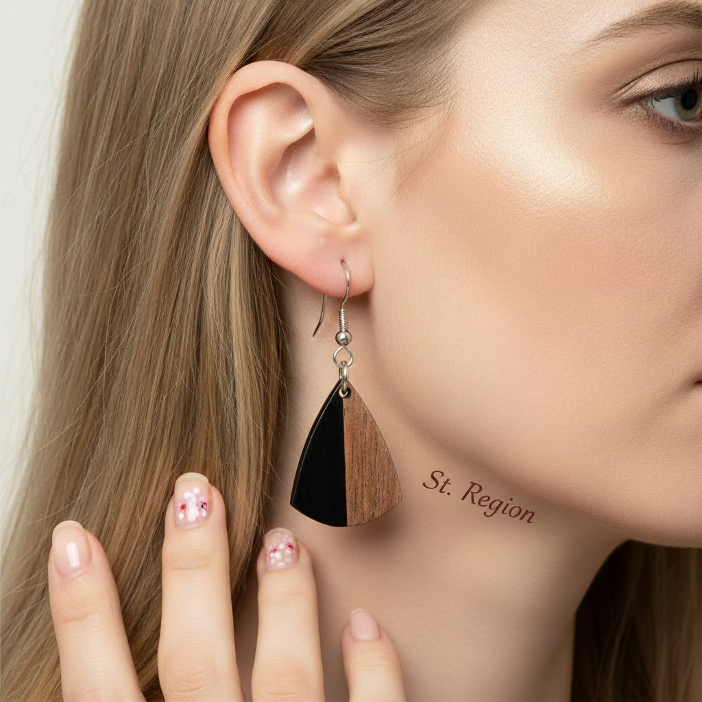 Black Resin & Wood Silvertone Shield Hook Earrings