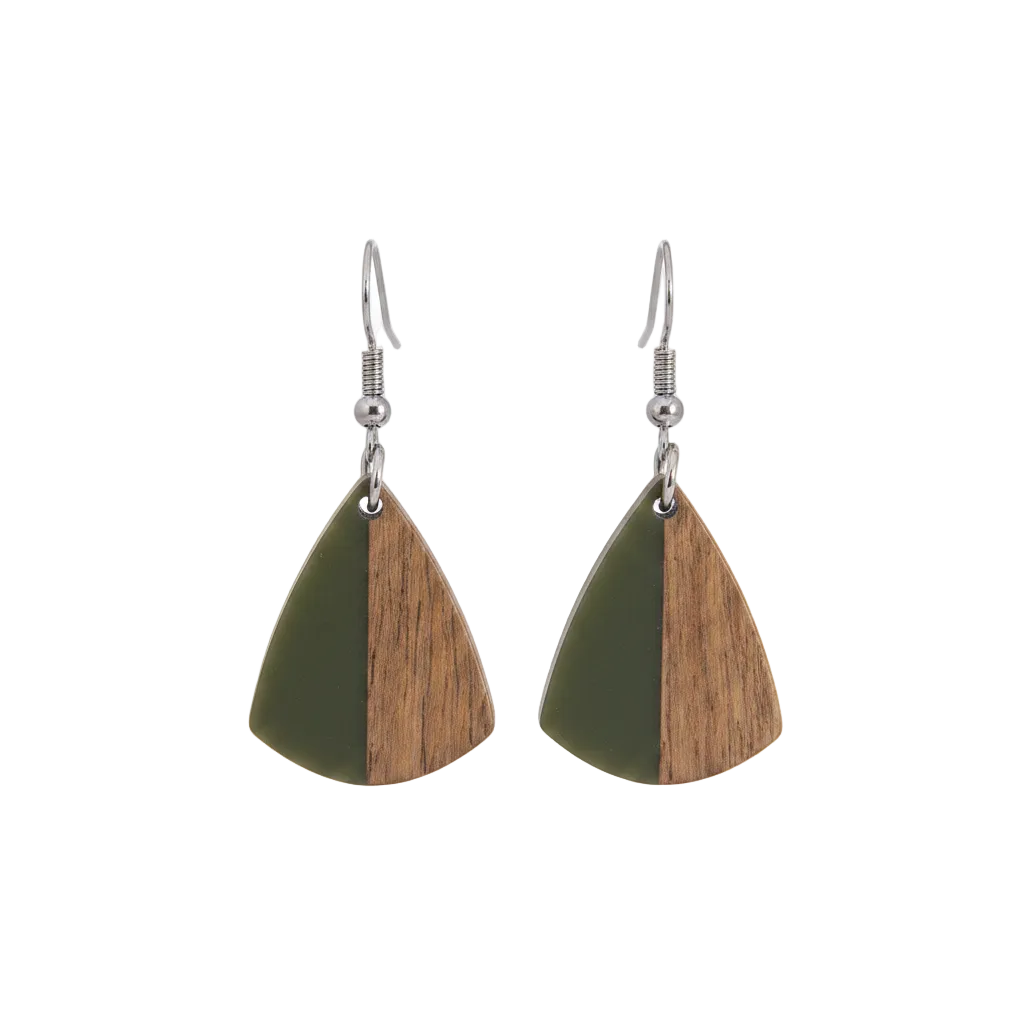 Green Resin & Wood Silvertone Shield Hook Earrings