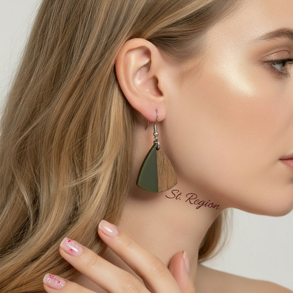 Green Resin & Wood Silvertone Shield Hook Earrings