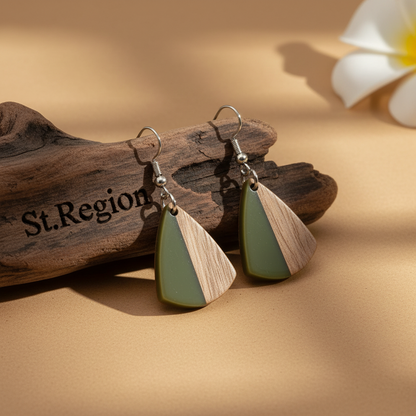 Green Resin & Wood Silvertone Shield Hook Earrings