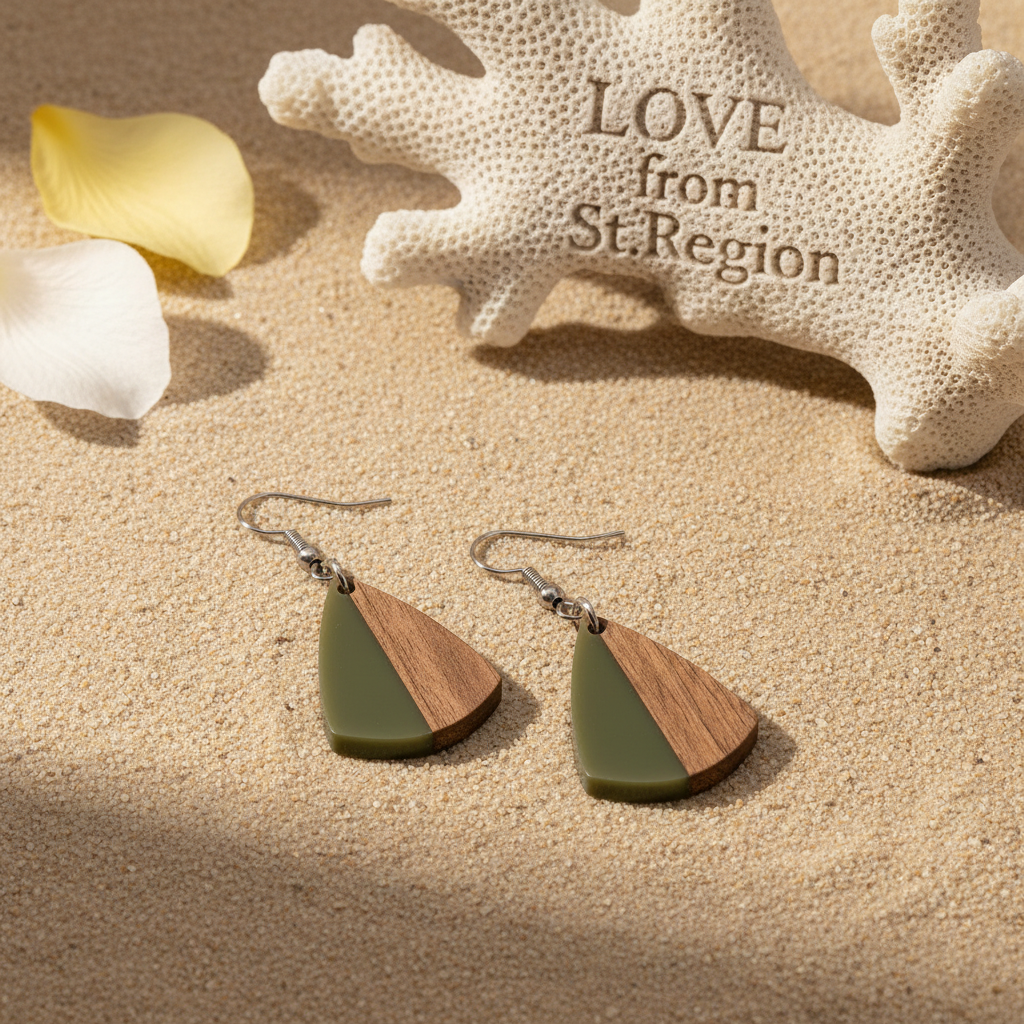 Green Resin & Wood Silvertone Shield Hook Earrings