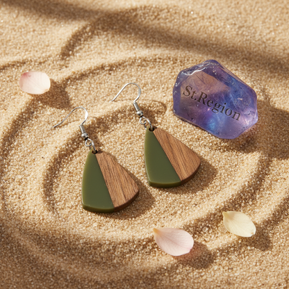 Green Resin & Wood Silvertone Shield Hook Earrings