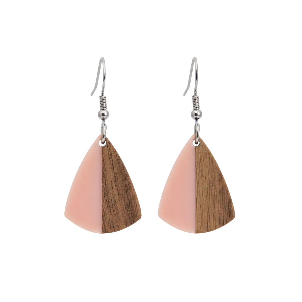 Pink Resin & Wood Silvertone Shield Hook Earrings