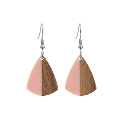 Pink Resin & Wood Silvertone Shield Hook Earrings