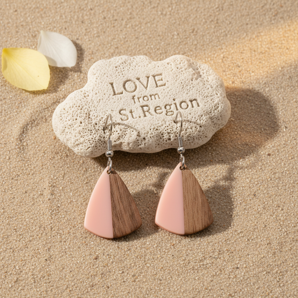 Pink Resin & Wood Silvertone Shield Hook Earrings