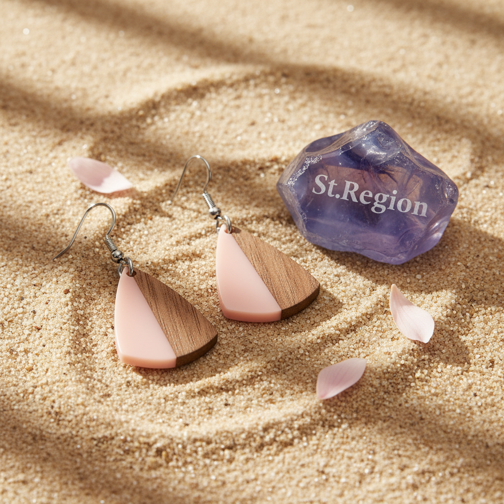 Pink Resin & Wood Silvertone Shield Hook Earrings