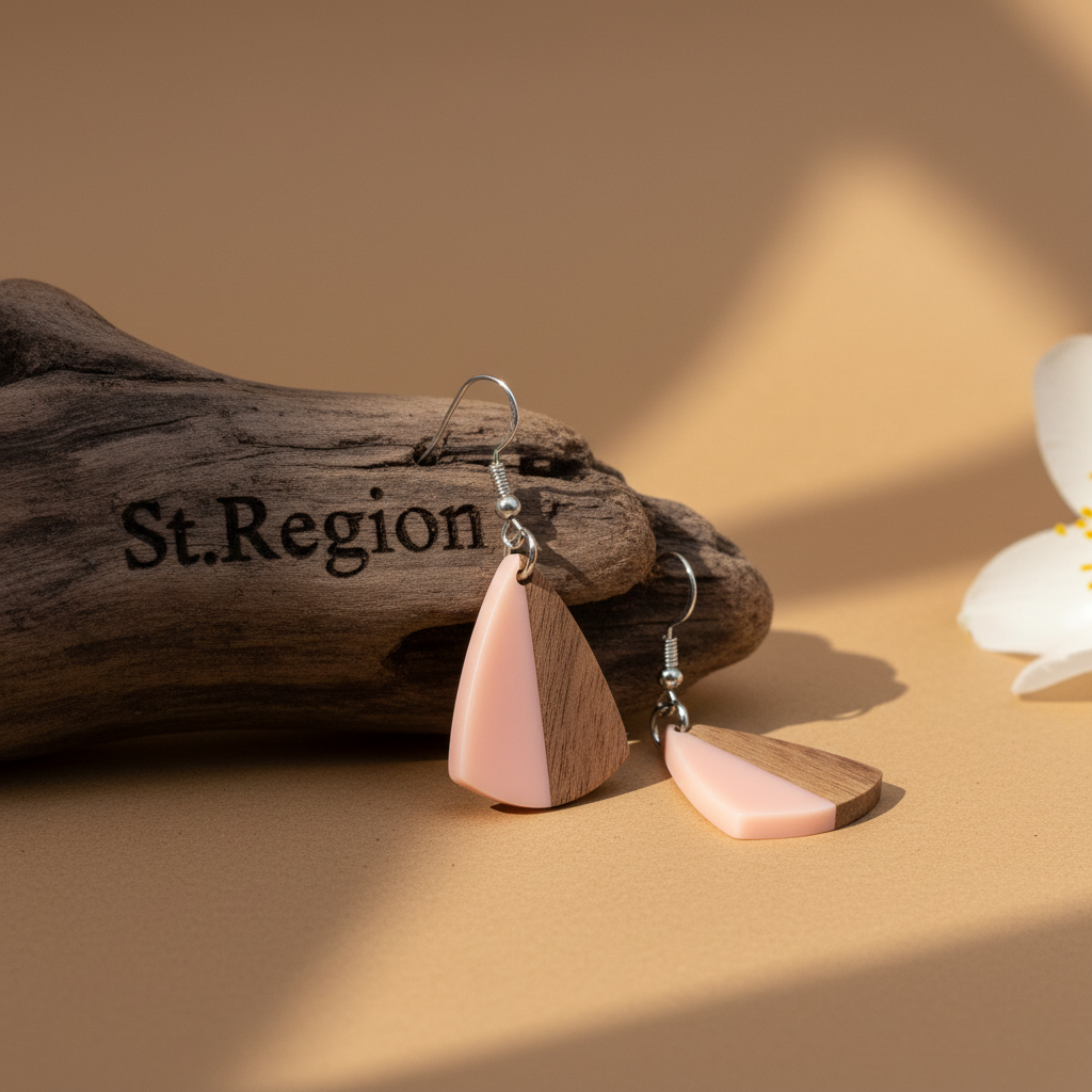 Pink Resin & Wood Silvertone Shield Hook Earrings
