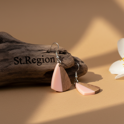 Pink Resin & Wood Silvertone Shield Hook Earrings