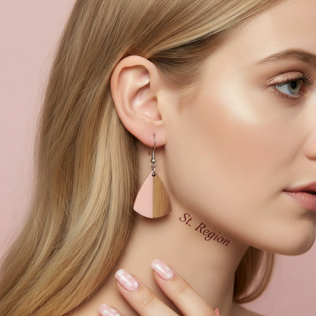 Pink Resin & Wood Silvertone Shield Hook Earrings