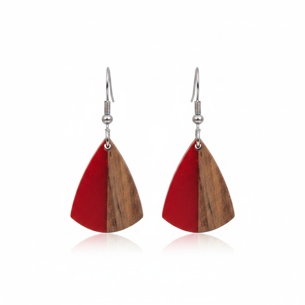 Red Resin & Wood Silvertone Shield Hook Earrings